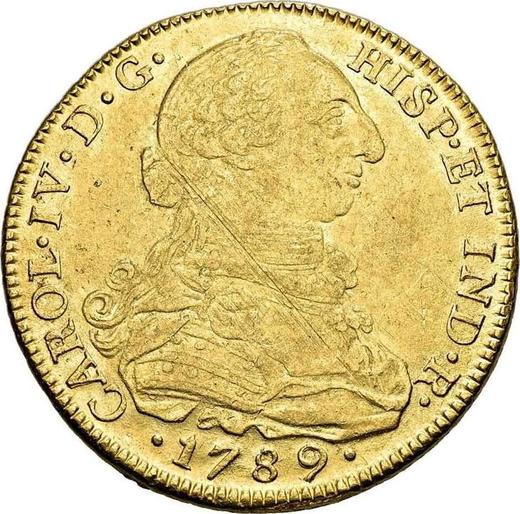 Аверс монеты - 8 эскудо 1789 года NR JJ - цена золотой монеты - Колумбия, Карл IV