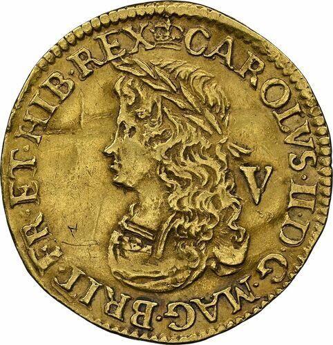 Awers monety - 1 korona bez daty (1660-1662) "Drugi wydanie" Oznaczenie nominału "V" - cena złotej monety - Wielka Brytania, Karol II