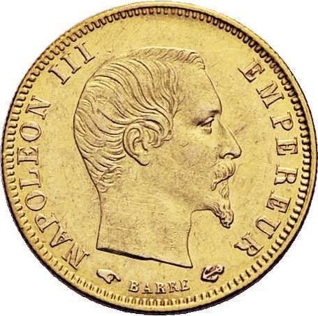 Anverso 5 francos 1858 A "Tipo 1855-1860" - valor de la moneda de oro - Francia, Napoleón III Bonaparte