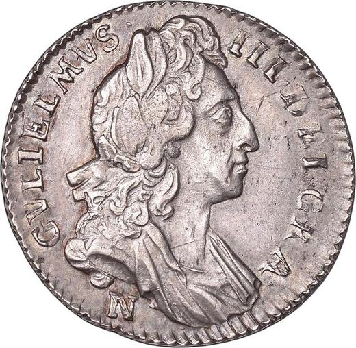 Аверс монеты - 6 пенсов 1697 года N "Первый тип" - цена серебряной монеты - Великобритания, Вильгельм III