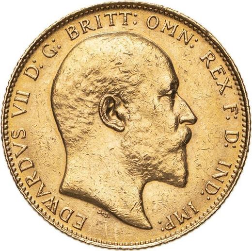 Аверс монеты - Соверен 1908 года - цена золотой монеты - Великобритания, Эдуард VII