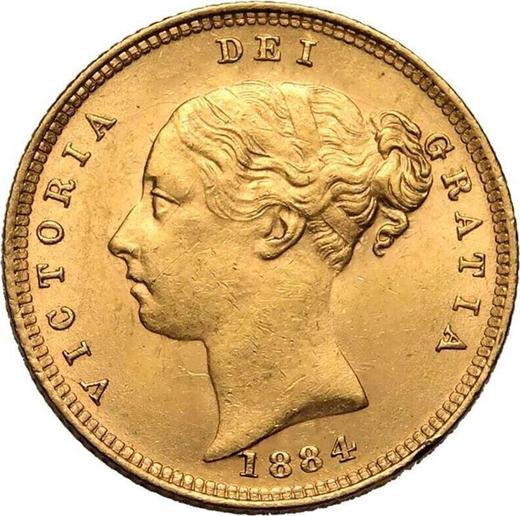 Аверс монеты - 1/2 соверена 1884 года - цена золотой монеты - Великобритания, Виктория