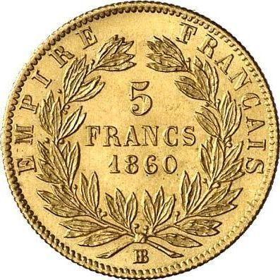 Reverso 5 francos 1860 BB "Tipo 1855-1860" - valor de la moneda de oro - Francia, Napoleón III Bonaparte
