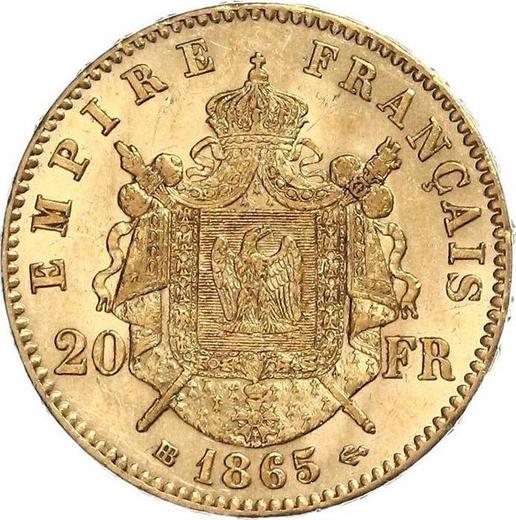 Reverso 20 francos 1865 BB "Tipo 1861-1870" - valor de la moneda de oro - Francia, Napoleón III Bonaparte