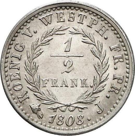 Reverse 1/2 Franc 1808 J - Silver Coin Value - Westphalia, Jérôme Napoléon
