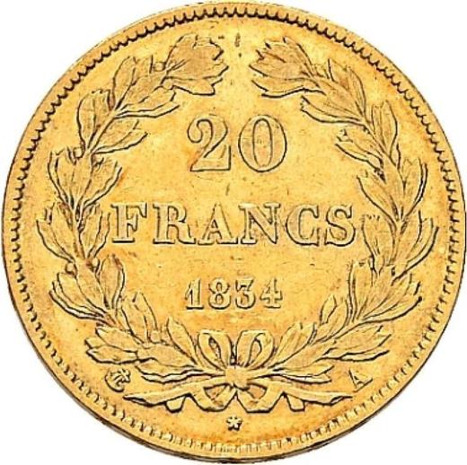 Reverso 20 francos 1834 A "Tipo 1832-1848" - valor de la moneda de oro - Francia, Luis Felipe I
