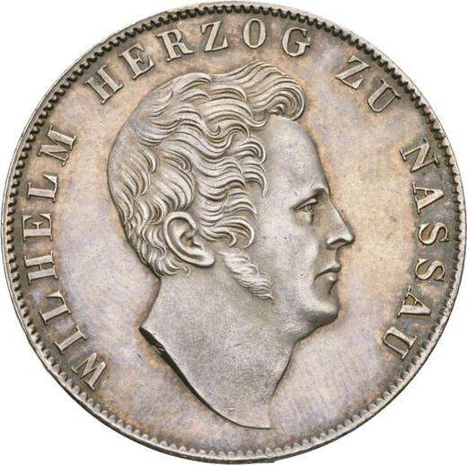 Аверс монеты - 1 гульден 1838 года - цена серебряной монеты - Нассау, Вильгельм