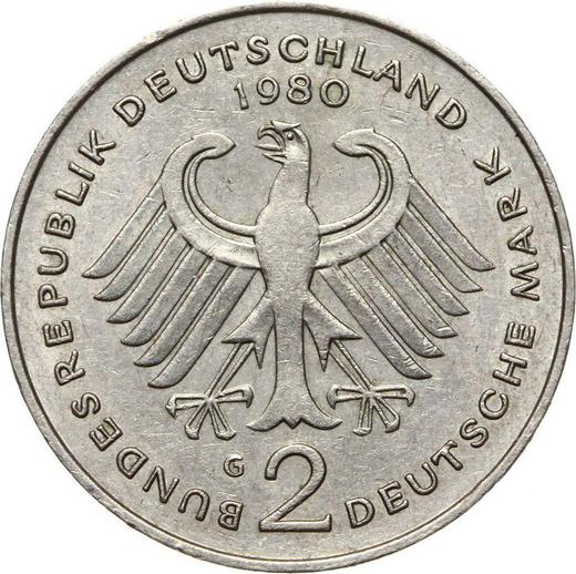 Reverse 2 Mark 1980 G "Konrad Adenauer" -  Coin Value - Germany, FRG
