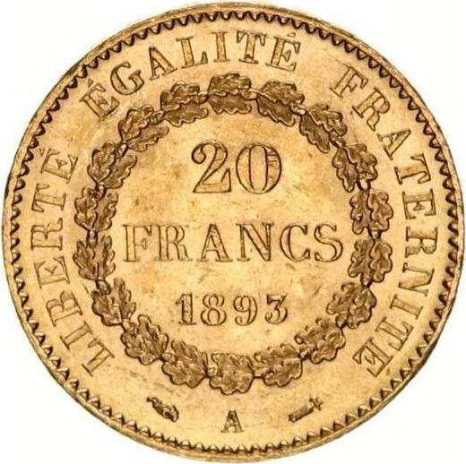 Reverse 20 Francs 1893 A "Type 1871-1898" Paris - Gold Coin Value - France, Third Republic