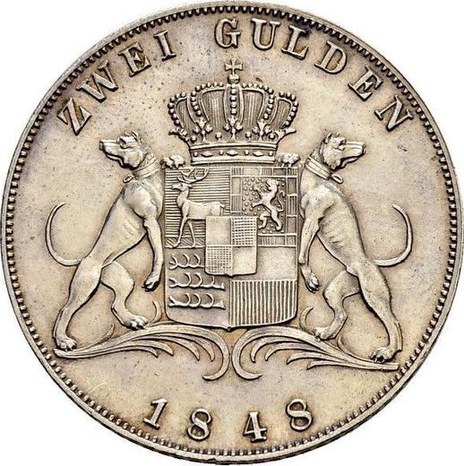 Reverso 2 florines 1848 D - valor de la moneda de plata - Hohenzollern-Sigmaringen, Carlos