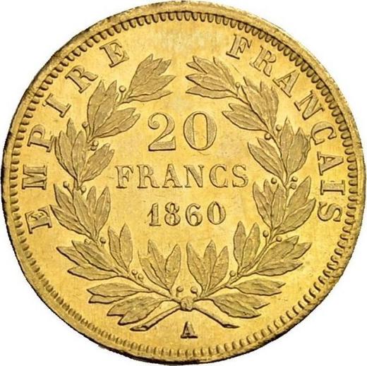 Reverso 20 francos 1860 A "Tipo 1853-1860" - valor de la moneda de oro - Francia, Napoleón III Bonaparte