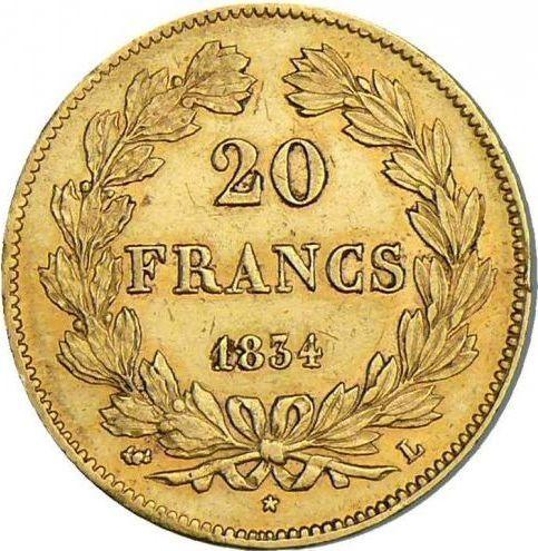 Reverso 20 francos 1834 L "Tipo 1832-1848" - valor de la moneda de oro - Francia, Luis Felipe I