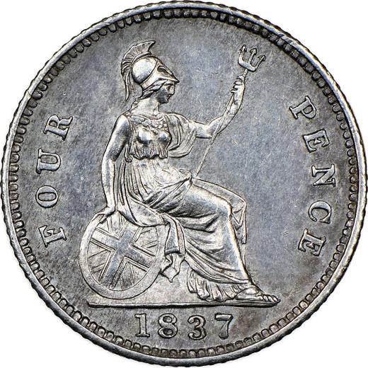 Реверс монеты - 4 пенса (1 Грот) 1837 года - цена серебряной монеты - Великобритания, Виктория