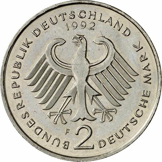Reverse 2 Mark 1992 F "Kurt Schumacher" - Coin Value - Germany, FRG