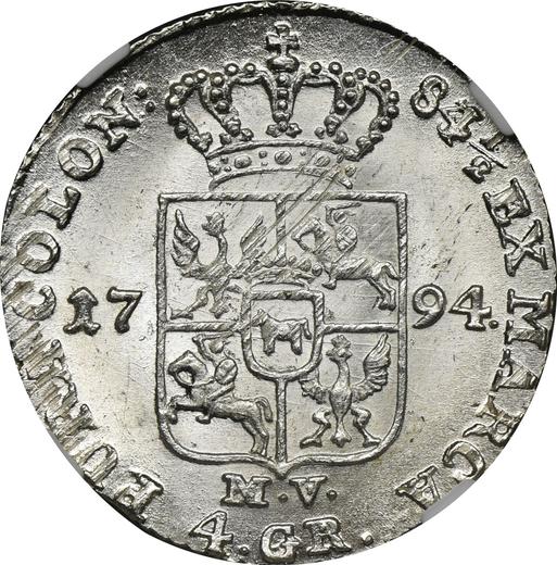 Reverse 1 Zloty (4 Grosze) 1794 MV "Kościuszko Uprising" Inscription 84 1/2 - Silver Coin Value - Poland, Stanislaus II Augustus