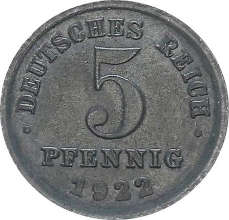 Anverso 5 Pfennige 1922 G - valor de la moneda - Alemania, Imperio alemán