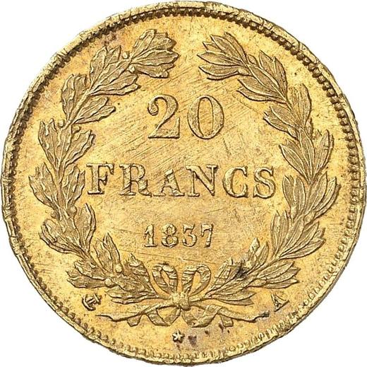 Reverso 20 francos 1837 A "Tipo 1832-1848" - valor de la moneda de oro - Francia, Luis Felipe I