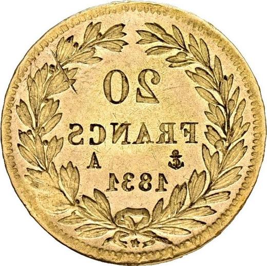 Reverse 20 Francs 1831 A "Raised edge" Incuse Error - Gold Coin Value - France, Louis Philippe I