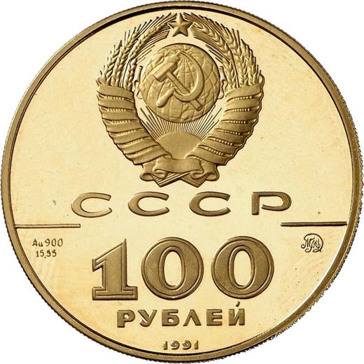 Reverso 100 rublos 1991 ММД "León Tolstói" - valor de la moneda de oro - Rusia, URSS y RSFS