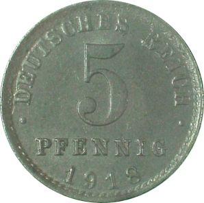 Avers 5 Pfennig 1918 A "Typ 1915-1922" - Münze Wert - Deutschland, Deutsches Kaiserreich