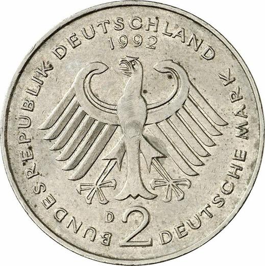 Reverse 2 Mark 1992 D "Franz Josef Strauss" -  Coin Value - Germany, FRG