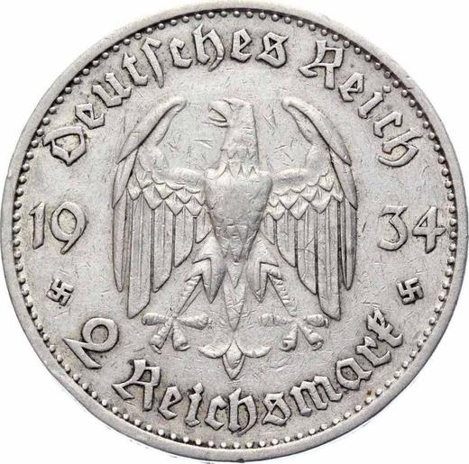 Reverso 2 Reichsmarks 1934 G "Iglesia de guarnición (con fecha)" - valor de la moneda de plata - Alemania, Alemania nazi