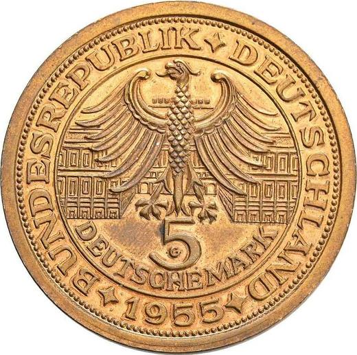 Reverse 5 Mark 1955 G "Margrave of Baden" Brass Bronze plated -  Coin Value - Germany, FRG