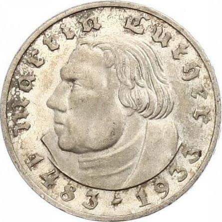 Аверс монеты - 2 рейхсмарки 1933 года E "Мартин Лютер" - цена серебряной монеты - Германия, Третий рейх